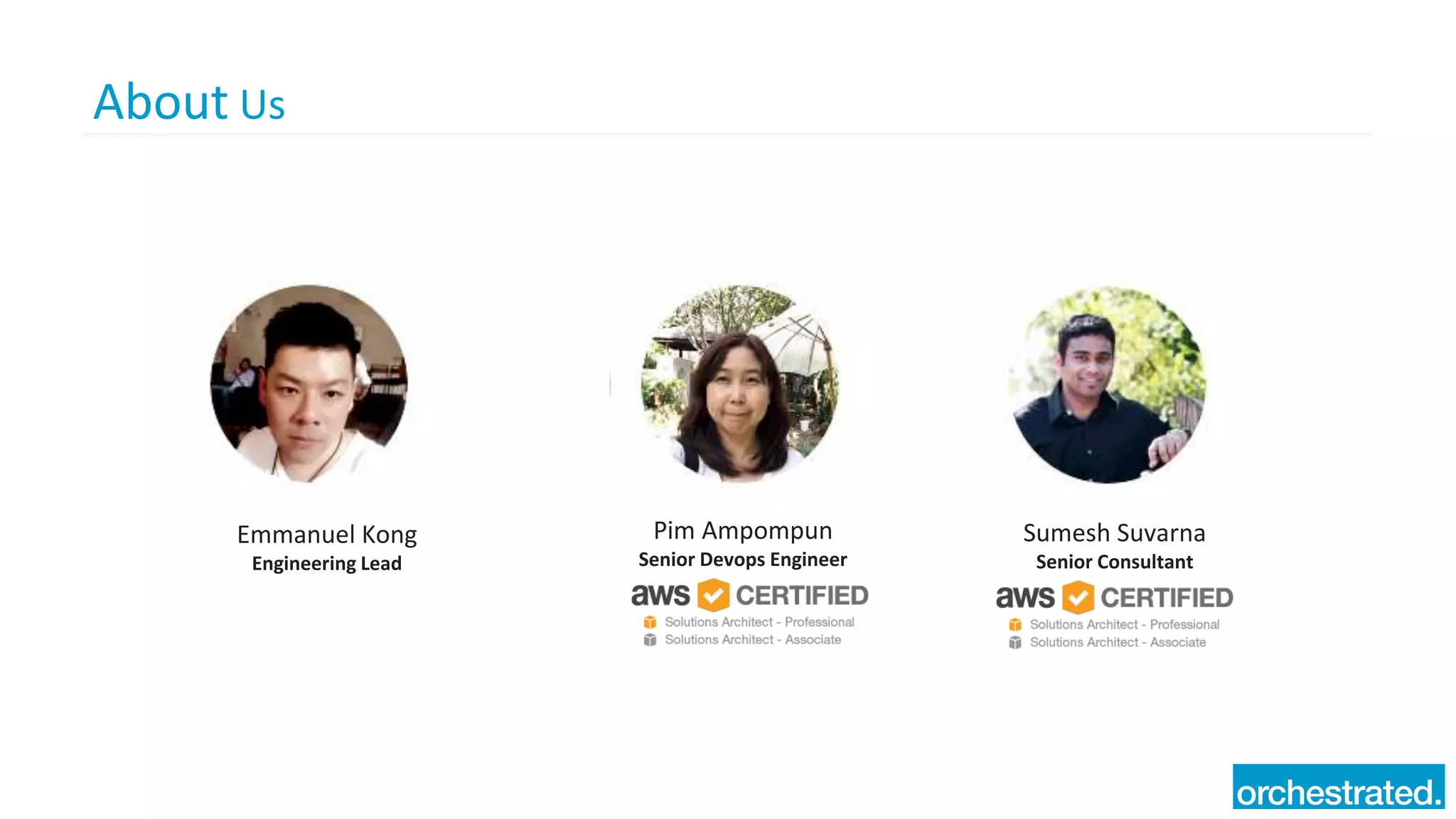 About Us
Emmanuel Kong
Engineering Lead
Pim Ampompun
Senior Devops Engineer
Sumesh Suvarna
Senior Consultant
 