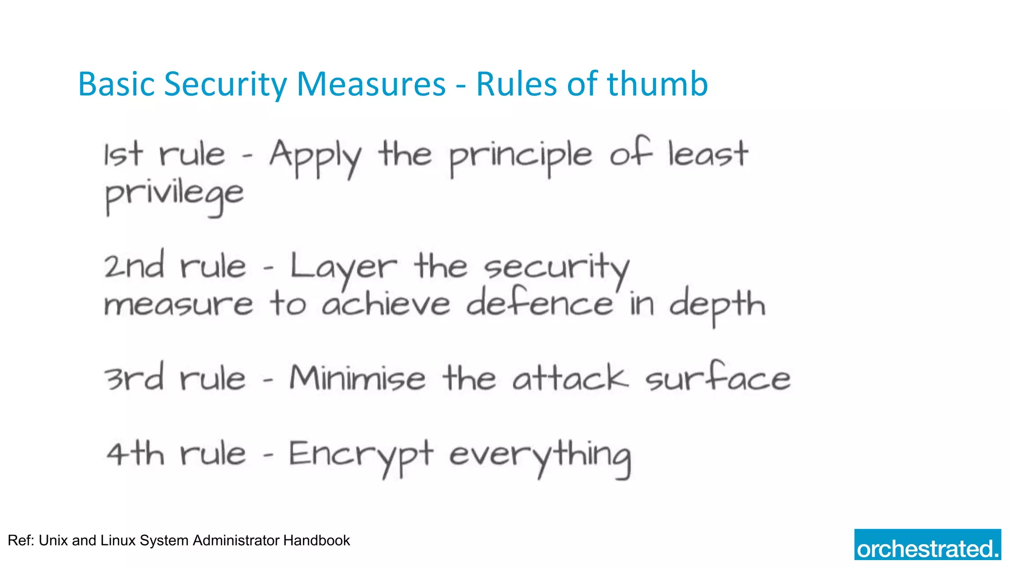 Basic Security Measures - Rules of thumb
Ref: Unix and Linux System Administrator Handbook
 