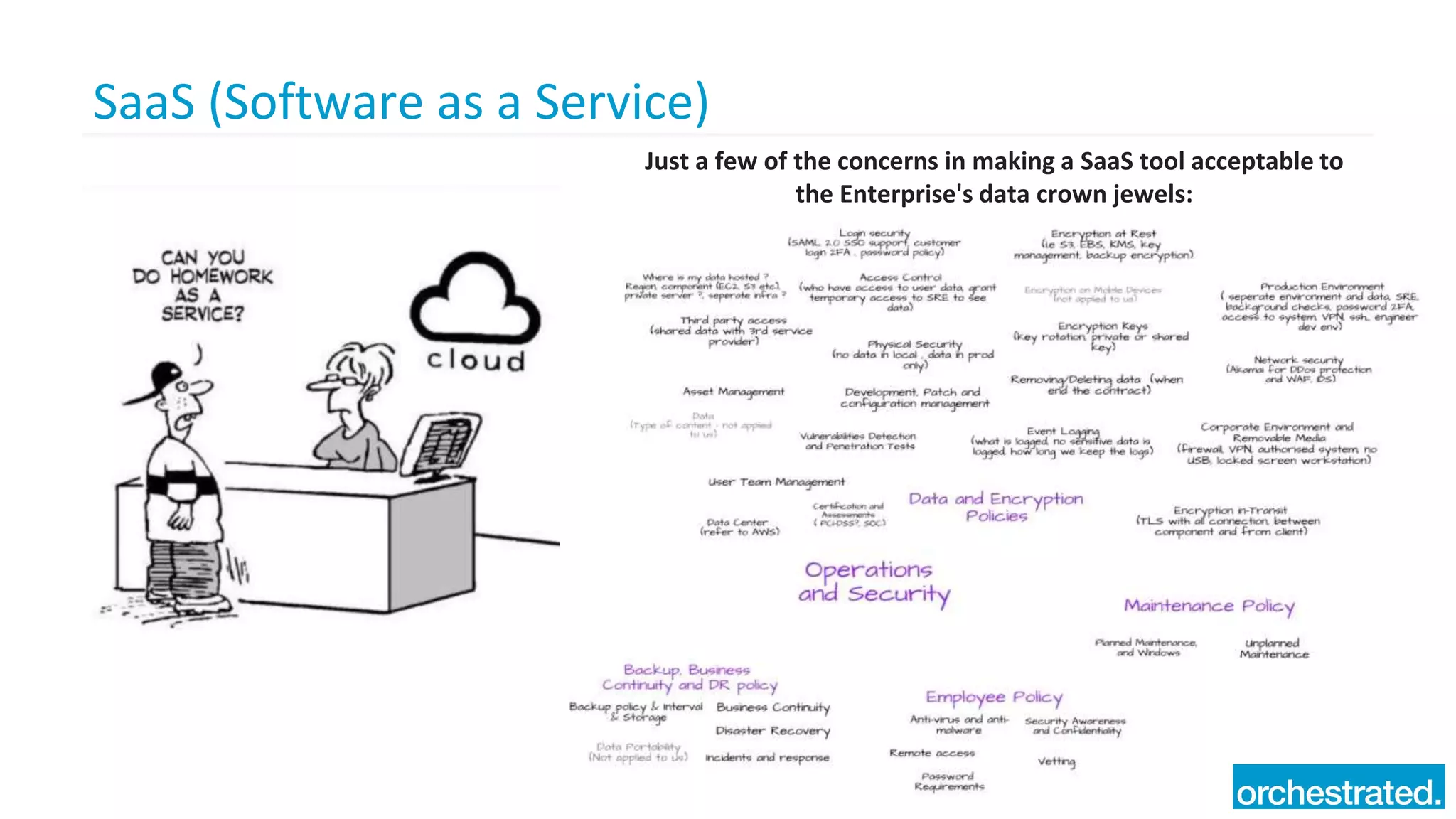 SaaS (Software as a Service)
Just a few of the concerns in making a SaaS tool acceptable to
the Enterprise's data crown jewels:
 