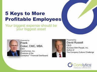 5 Keys to More
Profitable Employees
Your biggest expense should be
       your biggest asset

        Presented by:                      Presented by:

        Frank                              David Russell
        Coker, CMC, MBA                    CEO
                                           Success With People, Inc.
        CEO
                                           Author of
        CoreConnex, Inc.
                                           The Company Culture Challenge
        Producer of the
        CorelyticsTM Financial Dashboard
 