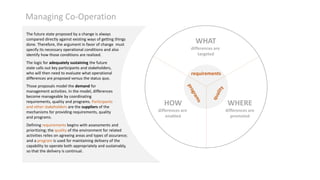 Managing Co-Operation
The future state proposed by a change is always
compared directly against existing ways of getting things
done. Therefore, the argument in favor of change must
specify its necessary operational conditions and also
identify how those conditions are realized.

WHAT
differences are
targeted

The logic for adequately sustaining the future
state calls out key participants and stakeholders,
who will then need to evaluate what operational
differences are proposed versus the status quo.
Those proposals model the demand for
management activities. In the model, differences
become manageable by coordinating
requirements, quality and programs. Participants
and other stakeholders are the suppliers of the
mechanisms for providing requirements, quality
and programs.
Defining requirements begins with assessments and
prioritizing; the quality of the environment for related
activities relies on agreeing areas and types of assurance;
and a program is used for maintaining delivery of the
capability to operate both appropriately and sustainably,
so that the delivery is continual.

requirements

HOW

WHERE

differences are
enabled

differences are
promoted

 