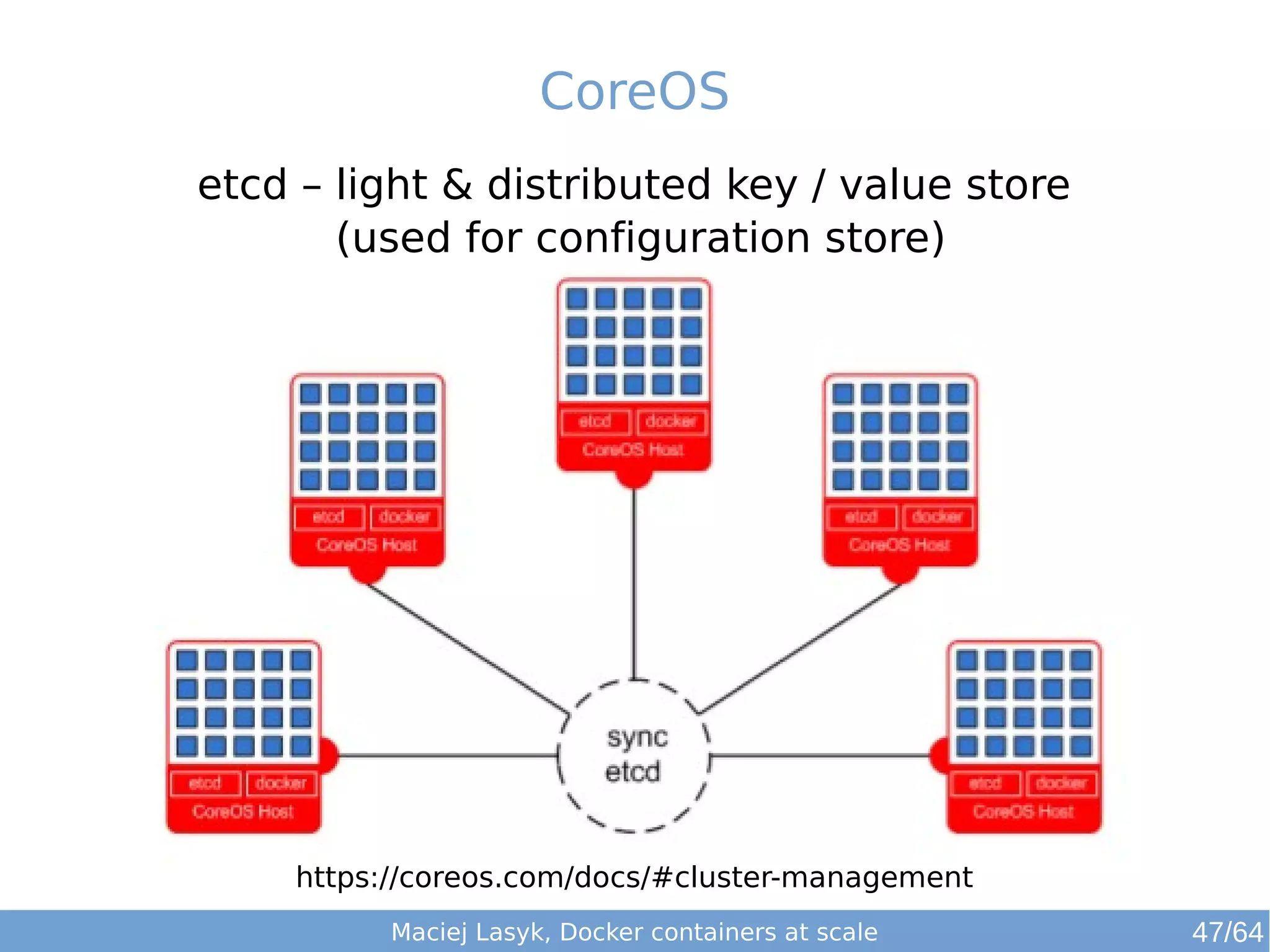 CoreOS 
etcd – light & distributed key / value store 
(used for configuration store) 
https://coreos.com/docs/#cluster-management 
Maciej Lasyk, Docker containers at scale 47/64 
 