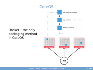CoreOS 
Docker – the only 
packaging method 
in CoreOS 
Maciej Lasyk, Docker containers at scale 48/64 
 