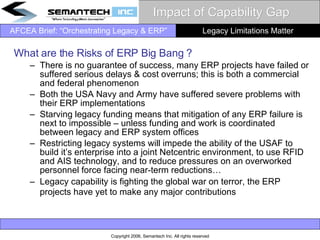 Impact of Capability Gap What are the Risks of ERP Big Bang ? There is no guarantee of success, many ERP projects have failed or suffered serious delays & cost overruns; this is both a commercial and federal phenomenon  Both the USA Navy and Army have suffered severe problems with their ERP implementations  Starving legacy funding means that mitigation of any ERP failure is next to impossible – unless funding and work is coordinated between legacy and ERP system offices Restricting legacy systems will impede the ability of the USAF to build it’s enterprise into a joint Netcentric environment, to use RFID and AIS technology, and to reduce pressures on an overworked personnel force facing near-term reductions… Legacy capability is fighting the global war on terror, the ERP projects have yet to make any major contributions   Legacy Limitations Matter 