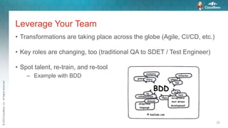 ©2015CloudBees,Inc.AllRightsReserved
Leverage Your Team
• Transformations are taking place across the globe (Agile, CI/CD, etc.)
• Key roles are changing, too (traditional QA to SDET / Test Engineer)
• Spot talent, re-train, and re-tool
– Example with BDD
22
 