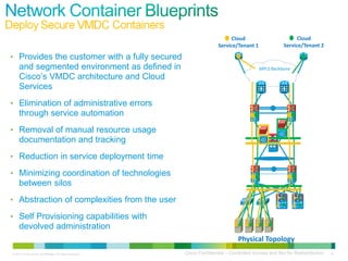 © 2011 Cisco and/or its affiliates. All rights reserved. Cisco Confidential – Controlled Access and Not for Redistribution 18
• Provides the customer with a fully secured
and segmented environment as defined in
Cisco’s VMDC architecture and Cloud
Services
• Elimination of administrative errors
through service automation
• Removal of manual resource usage
documentation and tracking
• Reduction in service deployment time
• Minimizing coordination of technologies
between silos
• Abstraction of complexities from the user
• Self Provisioning capabilities with
devolved administration
MPLS Backbone
Physical Topology
Cloud
Service/Tenant 2
Cloud
Service/Tenant 1
 