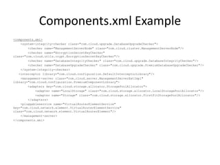 Components.xml Example
<components.xml>
    <system-integrity-checker class="com.cloud.upgrade.DatabaseUpgradeChecker">
        <checker name="ManagementServerNode" class="com.cloud.cluster.ManagementServerNode"/>
        <checker name="EncryptionSecretKeyChecker"
class="com.cloud.utils.crypt.EncryptionSecretKeyChecker"/>
        <checker name="DatabaseIntegrityChecker" class="com.cloud.upgrade.DatabaseIntegrityChecker"/>
        <checker name="DatabaseUpgradeChecker" class="com.cloud.upgrade.PremiumDatabaseUpgradeChecker"/>
    </system-integrity-checker>
   <interceptor library="com.cloud.configuration.DefaultInterceptorLibrary"/>
    <management-server class="com.cloud.server.ManagementServerExtImpl"
library="com.cloud.configuration.PremiumComponentLibrary">
        <adapters key="com.cloud.storage.allocator.StoragePoolAllocator">
            <adapter name="LocalStorage" class="com.cloud.storage.allocator.LocalStoragePoolAllocator"/>
            <adapter name="Storage" class="com.cloud.storage.allocator.FirstFitStoragePoolAllocator"/>
        </adapters>
    <pluggableservice name="VirtualRouterElementService"
key="com.cloud.network.element.VirtualRouterElementService"
class="com.cloud.network.element.VirtualRouterElement"/>
    </management-server>
</components.xml>
 
