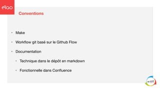 Conventions
• Make

• Workﬂow git basé sur le Github Flow

• Documentation 

• Technique dans le dépôt en markdown

• Fonctionnelle dans Conﬂuence
 