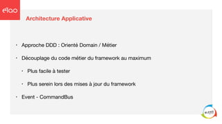 Architecture Applicative
• Approche DDD : Orienté Domain / Métier

• Découplage du code métier du framework au maximum 

• Plus facile à tester 

• Plus serein lors des mises à jour du framework

• Event - CommandBus
 