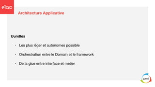 Architecture Applicative
Bundles
• Les plus léger et autonomes possible

• Orchestration entre le Domain et le framework

• De la glue entre interface et metier
 