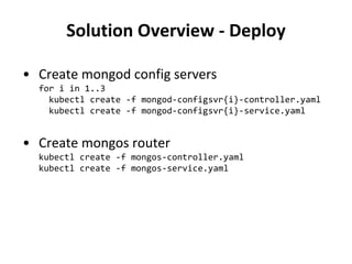 Solution Overview - Deploy
• Create mongod config servers
for i in 1..3
kubectl create -f mongod-configsvr{i}-controller.yaml
kubectl create -f mongod-configsvr{i}-service.yaml
• Create mongos router
kubectl create -f mongos-controller.yaml
kubectl create -f mongos-service.yaml
 