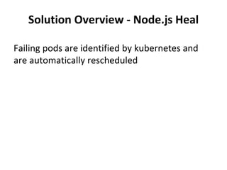 Solution Overview - Node.js Heal
Failing pods are identified by kubernetes and
are automatically rescheduled
 