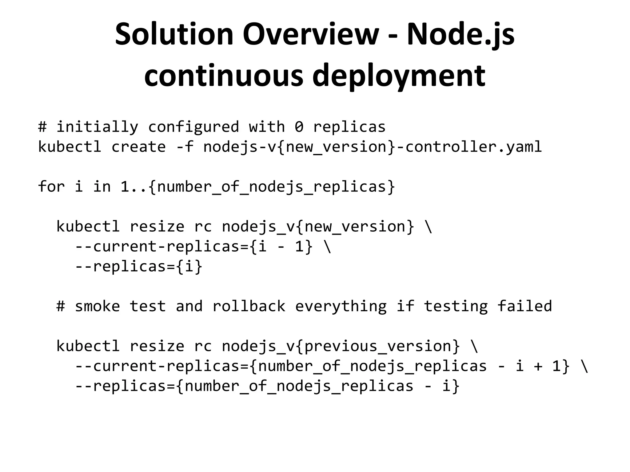 Solution Overview - Node.js
continuous deployment
# initially configured with 0 replicas
kubectl create -f nodejs-v{new_version}-controller.yaml
for i in 1..{number_of_nodejs_replicas}
kubectl resize rc nodejs_v{new_version} 
--current-replicas={i - 1} 
--replicas={i}
# smoke test and rollback everything if testing failed
kubectl resize rc nodejs_v{previous_version} 
--current-replicas={number_of_nodejs_replicas - i + 1} 
--replicas={number_of_nodejs_replicas - i}
 