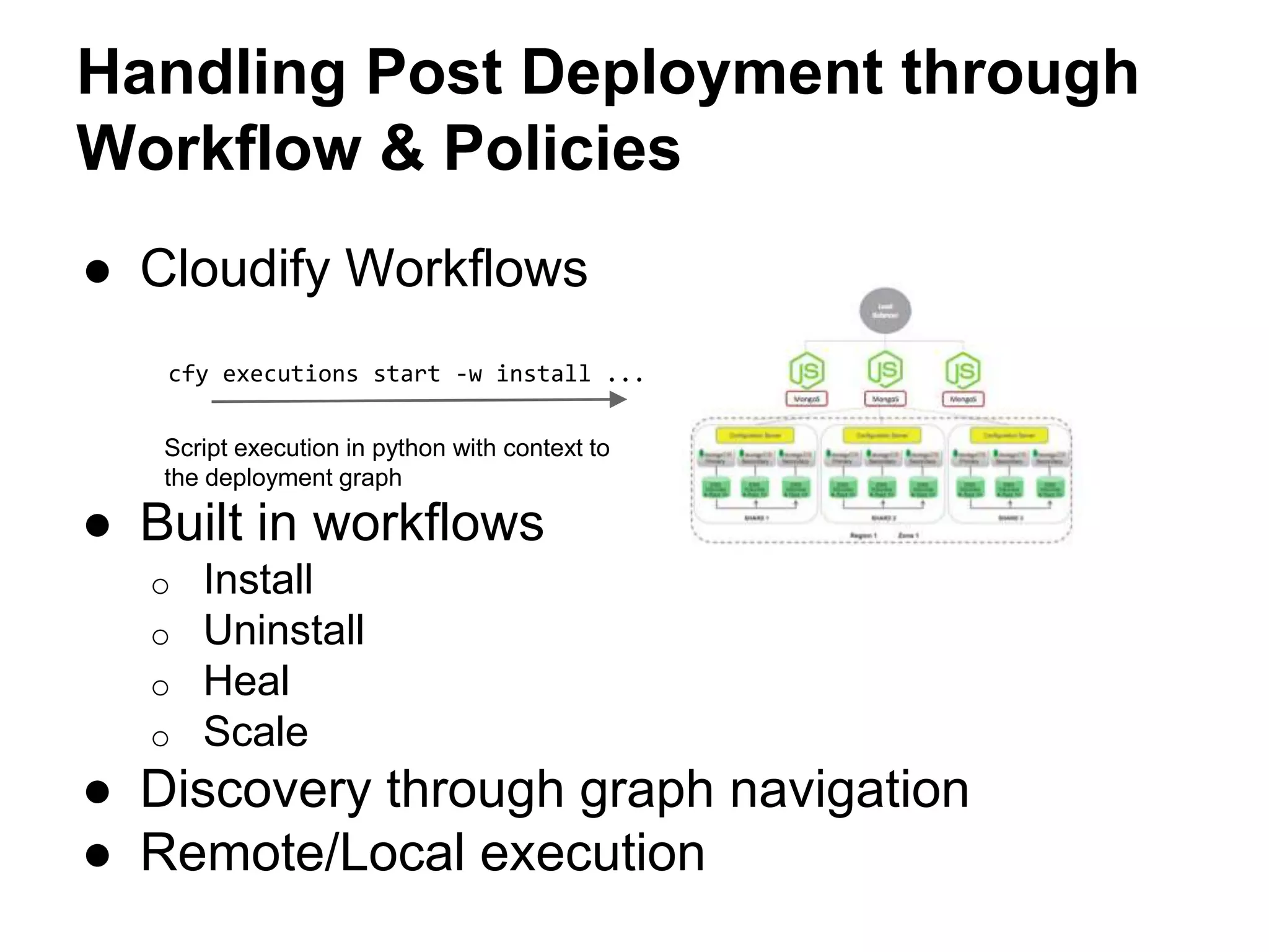 Handling Post Deployment through
Workflow & Policies
● Cloudify Workflows
● Built in workflows
o Install
o Uninstall
o Heal
o Scale
● Discovery through graph navigation
● Remote/Local execution
Script execution in python with context to
the deployment graph
cfy executions start -w install ...
 