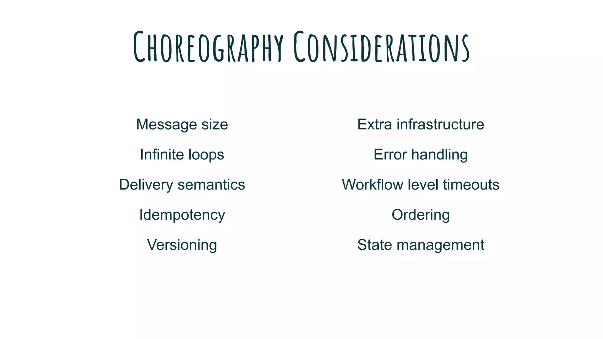 Message size Extra infrastructure
Infinite loops Error handling
Delivery semantics Workflow level timeouts
Idempotency Ordering
Versioning State management
Choreography Considerations
 