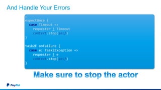 And Handle Your Errors
…
expectOnce {
case Timeout =>
requester ! Timeout
context.stop(self)
}
task2F onFailure {
case e: Task2Exception =>
requester ! e
context.stop(self)
}
 