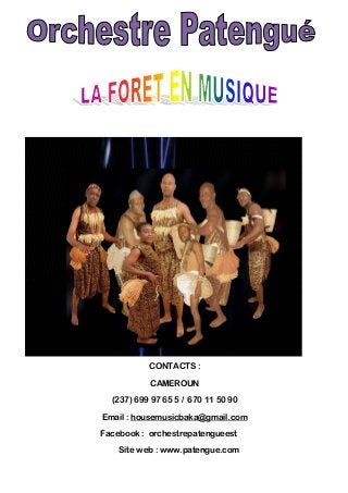 CONTACTS :
CAMEROUN
(237) 699 97 65 5 / 670 11 50 90
Email : housemusicbaka@gmail.com
Facebook : orchestrepatengueest
Site web : www.patengue.com
 