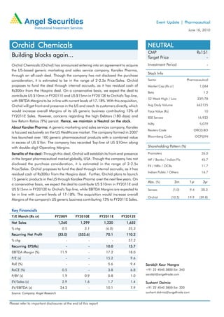 Event Update | Pharmaceutical

                                                                                                                         June 10, 2010



 Orchid Chemicals                                                                           NEUTRAL
                                                                                            CMP                                  Rs151
 Building blocks again...                                                                   Target Price                             -
 Orchid Chemicals (Orchid) has announced entering into an agreement to acquire              Investment Period                           -
 the US-based generic marketing and sales service company, Karalex Pharma,
                                                                                            Stock Info
 through an all-cash deal. Though the company has not disclosed the purchase
 consideration, it is estimated to be in the range of 2-2.5x Price/Sales. Orchid            Sector                      Pharmaceutical
 proposes to fund the deal through internal accruals, as it has residual cash of            Market Cap (Rs cr)                     1,064
 Rs300cr from the Hospira deal. On a conservative basis, we expect the deal to              Beta                                     1.2
 contribute US $10mn in FY2011E and US $15mn in FY2012E to Orchid's Top-line,
                                                                                            52 Week High / Low                    239/78
 with EBITDA Margins to be in line with current levels of 17-18%. With this acquisition,
 Orchid will get front-end presence in the US and reach its customers directly, which       Avg Daily Volume                     662125
 would increase overall Margins of its US generic business contributing 13% of              Face Value (Rs)                           10
 FY2011E Sales. However, concerns regarding the high Debtors (180 days) and                 BSE Sensex                            16,922
 low Return Ratios (9%) persist. Hence, we maintain a Neutral on the stock.
                                                                                            Nifty                                  5,079
 About Karalex Pharma: A generic marketing and sales services company, Karalex
        Karalex
                                                                                            Reuters Code                     ORCD.BO
 is focused exclusively on the US Healthcare market. The company formed in 2007
 has launched over 100 generic pharmaceutical products with a combined value                Bloomberg Code                       OCP@IN
 in excess of US $1bn. The company has recorded Top-line of US $10mn along
 with double-digit Operating Margins.                                                       Shareholding Pattern (%)

 Benefits of the deal: Through this deal, Orchid will establish its front-end presence      Promoters                               26.0
 in the largest pharmaceutical market globally, USA. Though the company has not             MF / Banks / Indian FIs                 45.7
 disclosed the purchase consideration, it is estimated in the range of 2-2.5x
                                                                                            FII / NRIs / OCBs                       11.7
 Price/Sales. Orchid proposes to fund the deal through internal accruals, as it has
                                                                                            Indian Public / Others                  16.7
 residual cash of Rs300cr from the Hospira deal. Further, Orchid plans to launch
 15 generic products in the US through Karalex Pharma over the next few years. On
                                                                                            Abs. (%)             3m      1yr         3yr
 a conservative basis, we expect the deal to contribute US $10mn in FY2011E and
 US $15mn in FY2012E to Orchid's Top-line, while EBITDA Margins are expected to             Sensex              (1.0)      9.4      20.3
 be in line with current levels of 17-18%. The acquisition would increase overall
                                                                                            Orchid            (10.5)    19.9       (39.8)
 Margins of the company's US generic business contributing 13% to FY2011E Sales.


 Key Financials
 Y/E March (Rs cr)              FY2009         FY2010E            FY2011E    FY2012E
 Net Sales                         1,260          1,299             1,220       1,652
 % chg                               0.5             3.1             (6.0)       35.3
               Profit
 Recurring Net Profit              (33.0)        (553.6)             70.1       110.2
 % chg                                  -               -                -       57.2
 Recurring EPS(Rs)                      -               -            10.0        15.7
 EBITDA Margin (%)                  11.9                -            17.2        18.0
 P/E (x)                                -               -            15.2         9.6
 RoE (%)                                -               -             5.6         9.4               Kour
                                                                                           Sarabjit Kour Nangra
 RoCE (%)                            0.5                -             3.8         6.8      +91 22 4040 3800 Ext: 343
                                                                                           sarabjit@angeltrade.com
 P/BV (x)                            1.9             0.9              0.8         1.0
 EV/Sales (x)                        2.9             1.6              1.7         1.4      Sushant Dalmia
 EV/EBITDA (x)                      24.2                -            10.1         7.9      +91 22 4040 3800 Ext: 320
 Source: Company, Angel Research                                                           sushant.dalmia@angeltrade.com


Please refer to important disclosures at the end of this report
 