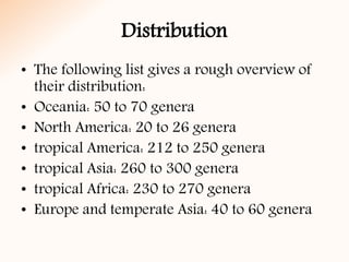 Distribution
• The following list gives a rough overview of
their distribution:
• Oceania: 50 to 70 genera
• North America: 20 to 26 genera
• tropical America: 212 to 250 genera
• tropical Asia: 260 to 300 genera
• tropical Africa: 230 to 270 genera
• Europe and temperate Asia: 40 to 60 genera
 