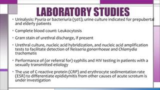 • Urinalysis: Pyuria or bacteriuria (50%); urine culture indicated for prepubertal
and elderly patients
• Complete blood count: Leukocytosis
• Gram stain of urethral discharge, if present
• Urethral culture, nucleic acid hybridization, and nucleic acid amplification
tests to facilitate detection of Neisseria gonorrhoeae and Chlamydia
trachomatis
• Performance of (or referral for) syphilis and HIV testing in patients with a
sexually transmitted etiology
• The use of C-reactive protein (CRP) and erythrocyte sedimentation rate
(ESR) to differentiate epididymitis from other causes of acute scrotum is
under investigation
LABORATORY STUDIES
 