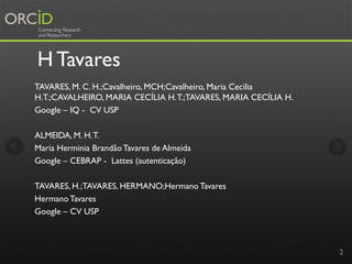 H Tavares
TAVARES, M. C. H.;Cavalheiro, MCH;Cavalheiro, Maria Cecilia
H.T.;CAVALHEIRO, MARIA CECÍLIA H.T.;TAVARES, MARIA C...