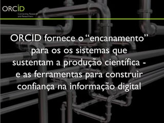 ORCID fornece o “encanamento”
para os os sistemas que
sustentam a produção científica -
e as ferramentas para construir
co...