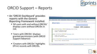 ORCID Support – Reports
• An ‘ORCID Dashboard’ provides
reports with the Generic
Reporting Framework installed.
 ‘All use...