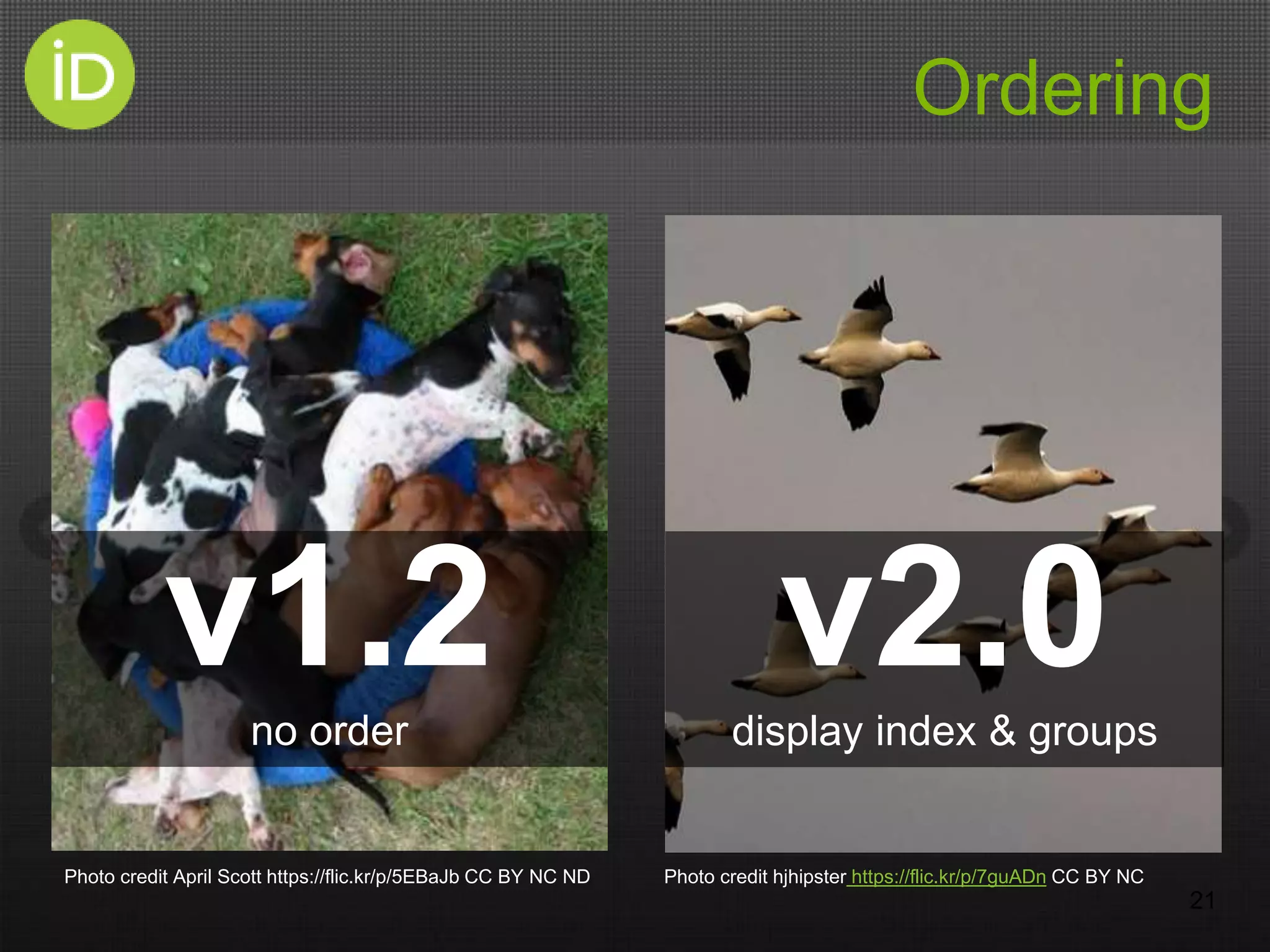 Ordering
21
v1.2no order
v2.0display index & groups
Photo credit hjhipster https://flic.kr/p/7guADn CC BY NCPhoto credit April Scott https://flic.kr/p/5EBaJb CC BY NC ND
 