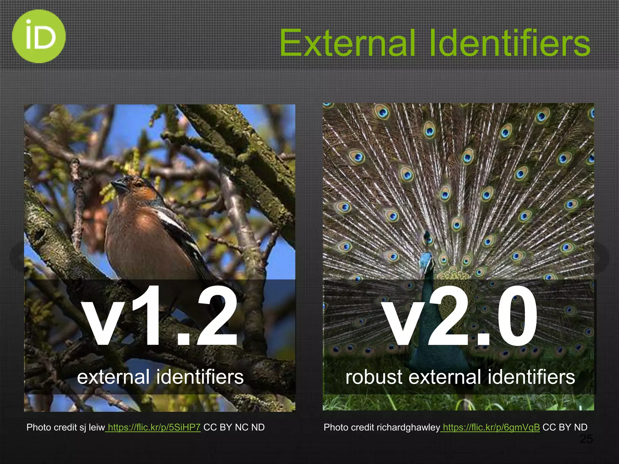 External Identifiers
25
v1.2external identifiers
v2.0robust external identifiers
Photo credit sj leiw https://flic.kr/p/5SiHP7 CC BY NC ND Photo credit richardghawley https://flic.kr/p/6gmVqB CC BY ND
 