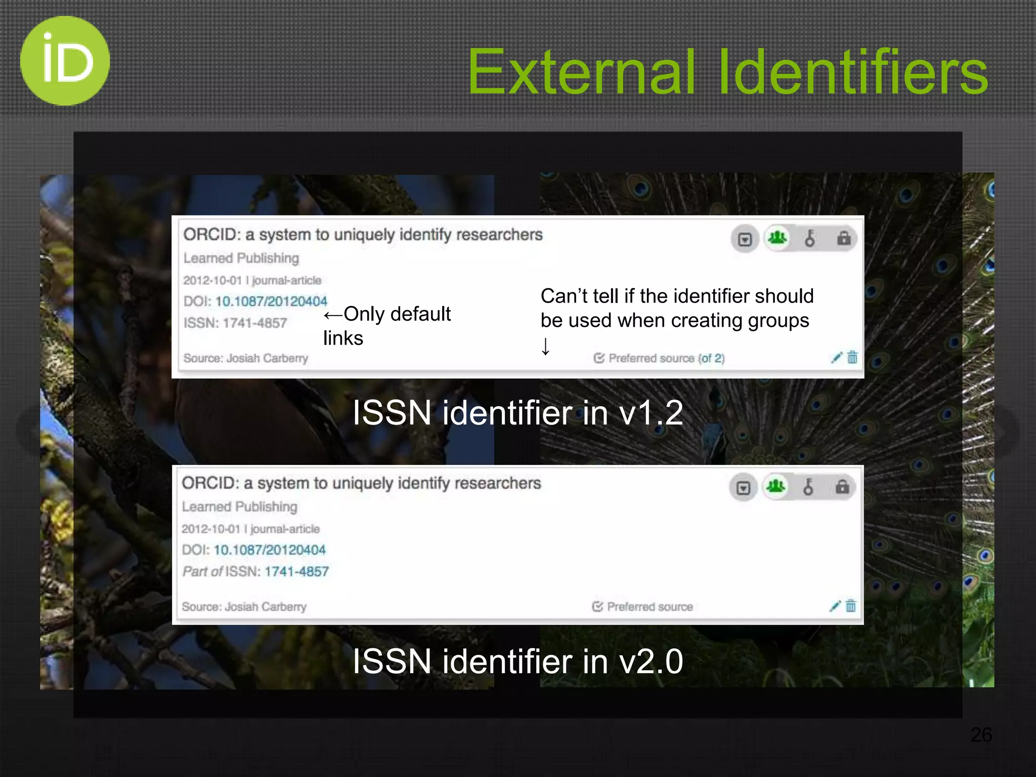 External Identifiers
26
ISSN identifier in v1.2
ISSN identifier in v2.0
←Only default
links
Can’t tell if the identifier should
be used when creating groups
↓
 