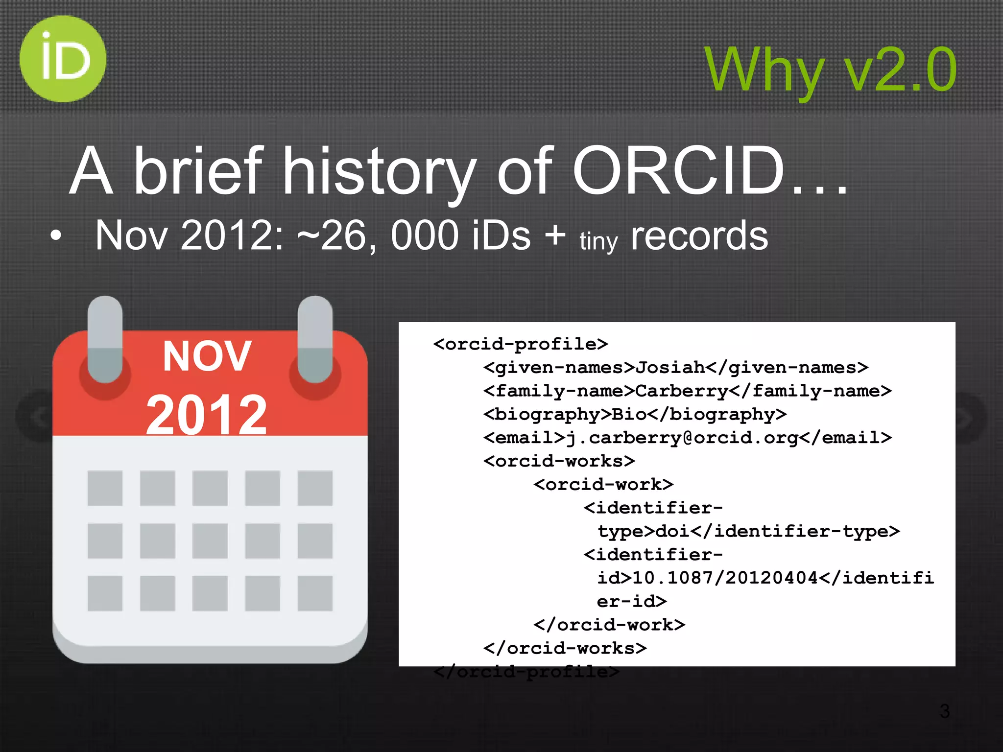Why v2.0
A brief history of ORCID…
• Nov 2012: ~26, 000 iDs + tiny records
3
NOV
2012
<orcid-profile>
<given-names>Josiah</given-names>
<family-name>Carberry</family-name>
<biography>Bio</biography>
<email>j.carberry@orcid.org</email>
<orcid-works>
<orcid-work>
<identifier-
type>doi</identifier-type>
<identifier-
id>10.1087/20120404</identifi
er-id>
</orcid-work>
</orcid-works>
</orcid-profile>
 