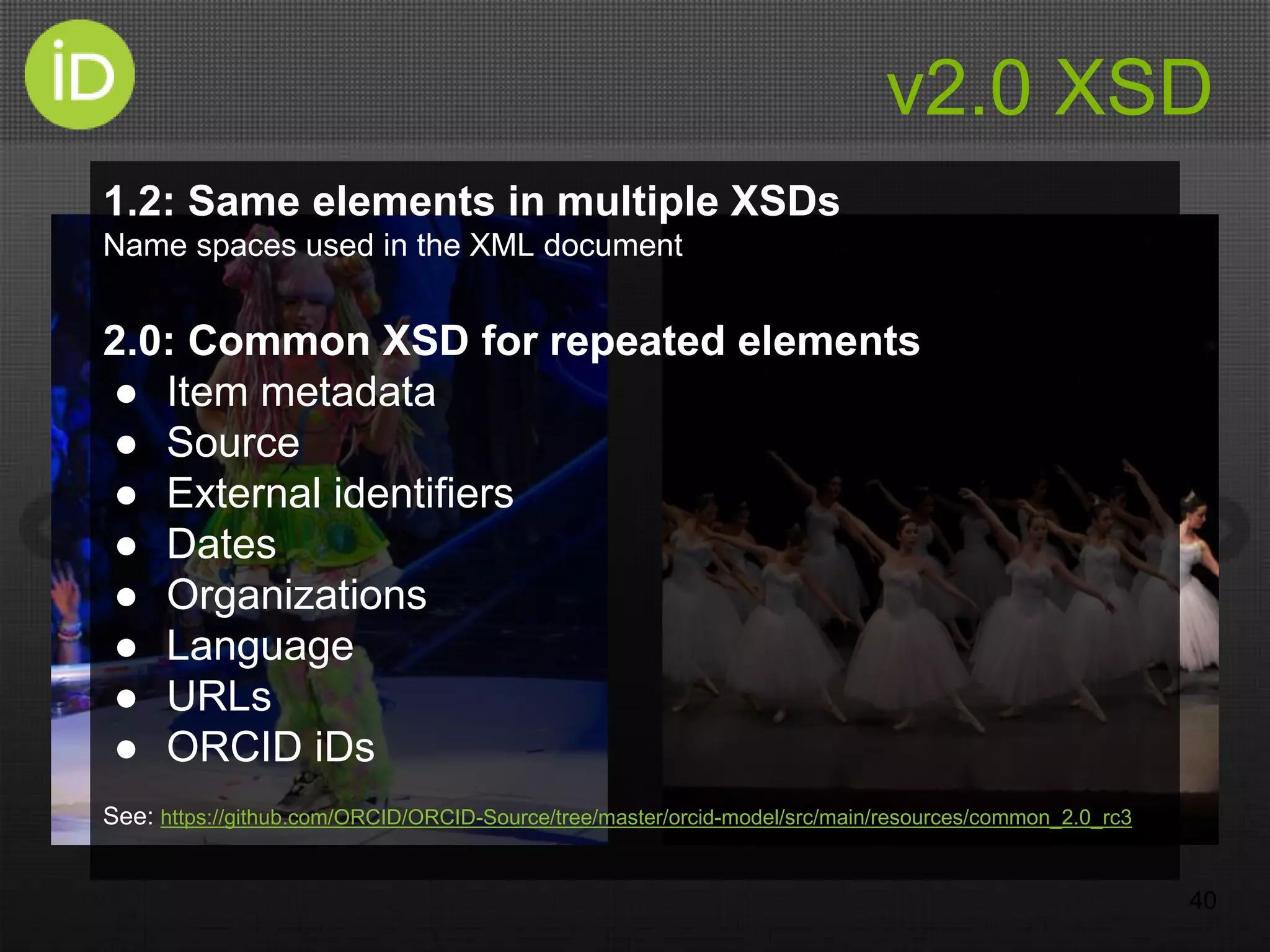 v2.0 XSD
40
1.2: Same elements in multiple XSDs
Name spaces used in the XML document
2.0: Common XSD for repeated elements
● Item metadata
● Source
● External identifiers
● Dates
● Organizations
● Language
● URLs
● ORCID iDs
See: https://github.com/ORCID/ORCID-Source/tree/master/orcid-model/src/main/resources/common_2.0_rc3
 