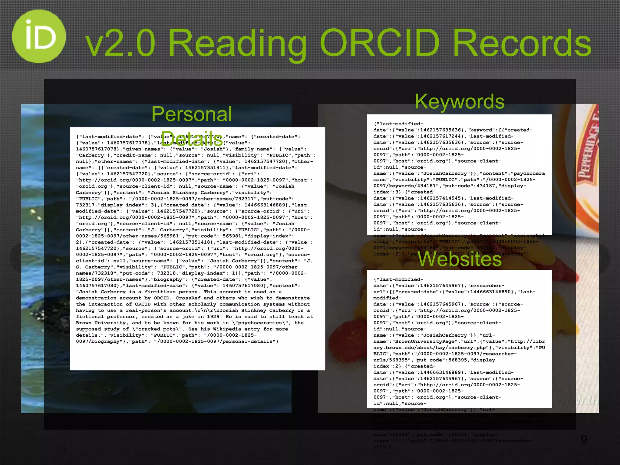 v2.0 Reading ORCID Records
9
{"last-modified-date": {"value": 1462157547720},"name": {"created-date":
{"value": 1460757617078},"last-modified-date": {"value":
1460757617078},"given-names": {"value": "Josiah"},"family-name": {"value":
"Carberry"},"credit-name": null,"source": null,"visibility": "PUBLIC","path":
null},"other-names": {"last-modified-date": {"value": 1462157547720},"other-
name": [{"created-date": {"value": 1462157351411},"last-modified-date":
{"value": 1462157547720},"source": {"source-orcid": {"uri":
"http://orcid.org/0000-0002-1825-0097","path": "0000-0002-1825-0097","host":
"orcid.org"},"source-client-id": null,"source-name": {"value": "Josiah
Carberry"}},"content": "Josiah Stinkney Carberry","visibility":
"PUBLIC","path": "/0000-0002-1825-0097/other-names/732317","put-code":
732317,"display-index": 3},{"created-date": {"value": 1446663146889},"last-
modified-date": {"value": 1462157547720},"source": {"source-orcid": {"uri":
"http://orcid.org/0000-0002-1825-0097","path": "0000-0002-1825-0097","host":
"orcid.org"},"source-client-id": null,"source-name": {"value": "Josiah
Carberry"}},"content": "J. Carberry","visibility": "PUBLIC","path": "/0000-
0002-1825-0097/other-names/565981","put-code": 565981,"display-index":
2},{"created-date": {"value": 1462157351418},"last-modified-date": {"value":
1462157547720},"source": {"source-orcid": {"uri": "http://orcid.org/0000-
0002-1825-0097","path": "0000-0002-1825-0097","host": "orcid.org"},"source-
client-id": null,"source-name": {"value": "Josiah Carberry"}},"content": "J.
S. Carberry","visibility": "PUBLIC","path": "/0000-0002-1825-0097/other-
names/732318","put-code": 732318,"display-index": 1}],"path": "/0000-0002-
1825-0097/other-names"},"biography": {"created-date": {"value":
1460757617080},"last-modified-date": {"value": 1460757617080},"content":
"Josiah Carberry is a fictitious person. This account is used as a
demonstration account by ORCID, CrossRef and others who wish to demonstrate
the interaction of ORCID with other scholarly communication systems without
having to use a real-person's account.rnrnJosiah Stinkney Carberry is a
fictional professor, created as a joke in 1929. He is said to still teach at
Brown University, and to be known for his work in "psychoceramics", the
supposed study of "cracked pots". See his Wikipedia entry for more
details.","visibility": "PUBLIC","path": "/0000-0002-1825-
0097/biography"},"path": "/0000-0002-1825-0097/personal-details"}
{"last-modified-
date":{"value":1462157635636},"keyword":[{"created-
date":{"value":1462157617244},"last-modified-
date":{"value":1462157635636},"source":{"source-
orcid":{"uri":"http://orcid.org/0000-0002-1825-
0097","path":"0000-0002-1825-
0097","host":"orcid.org"},"source-client-
id":null,"source-
name":{"value":"JosiahCarberry"}},"content":"psychocera
mics","visibility":"PUBLIC","path":"/0000-0002-1825-
0097/keywords/434187","put-code":434187,"display-
index":3},{"created-
date":{"value":1462157414545},"last-modified-
date":{"value":1462157635636},"source":{"source-
orcid":{"uri":"http://orcid.org/0000-0002-1825-
0097","path":"0000-0002-1825-
0097","host":"orcid.org"},"source-client-
id":null,"source-
name":{"value":"JosiahCarberry"}},"content":"ionianphil
ology","visibility":"PUBLIC","path":"/0000-0002-1825-
0097/keywords/434184","put-code":434184,"display-
index":2}],"path":"/0000-0002-1825-0097/keywords"}
{"last-modified-
date":{"value":1462157645967},"researcher-
url":[{"created-date":{"value":1446663146890},"last-
modified-
date":{"value":1462157645967},"source":{"source-
orcid":{"uri":"http://orcid.org/0000-0002-1825-
0097","path":"0000-0002-1825-
0097","host":"orcid.org"},"source-client-
id":null,"source-
name":{"value":"JosiahCarberry"}},"url-
name":"BrownUniversityPage","url":{"value":"http://libr
ary.brown.edu/about/hay/carberry.php"},"visibility":"PU
BLIC","path":"/0000-0002-1825-0097/researcher-
urls/568395","put-code":568395,"display-
index":2},{"created-
date":{"value":1446663146889},"last-modified-
date":{"value":1462157645967},"source":{"source-
orcid":{"uri":"http://orcid.org/0000-0002-1825-
0097","path":"0000-0002-1825-
0097","host":"orcid.org"},"source-client-
id":null,"source-
name":{"value":"JosiahCarberry"}},"url-
name":"WikipediaEntry","url":{"value":"http://en.wikipe
dia.org/wiki/Josiah_Carberry"},"visibility":"PUBLIC","p
ath":"/0000-0002-1825-0097/researcher-
urls/568394","put-code":568394,"display-
index":1}],"path":"/0000-0002-1825-0097/researcher-
urls"}
Personal
Details
Keywords
Websites
 