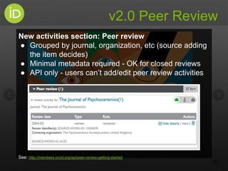 v2.0 Peer Review
New activities section: Peer review
● Grouped by journal, organization, etc (source adding
the item decid...
