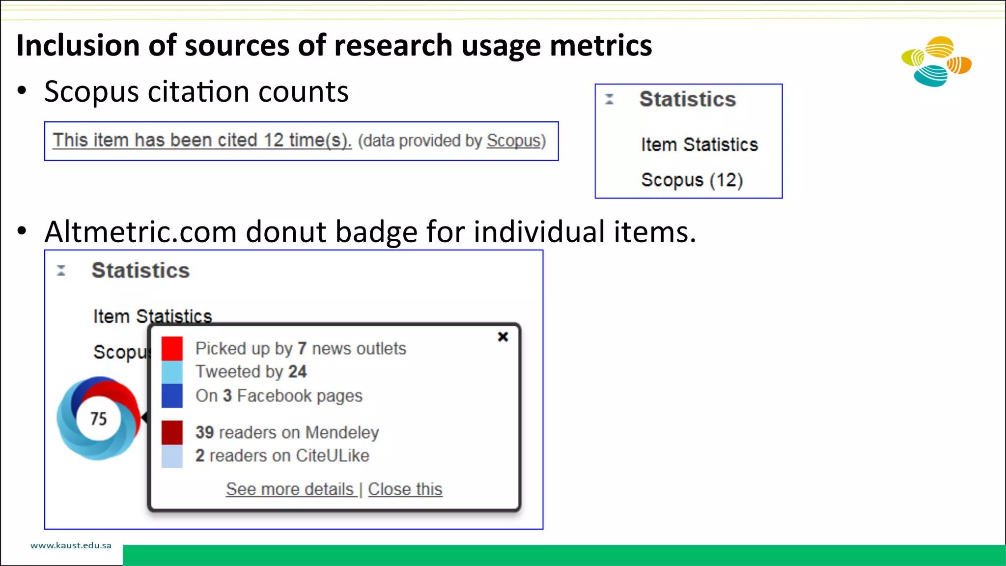 Inclusion	
  of	
  sources	
  of	
  research	
  usage	
  metrics	
  
•  Scopus	
  citaDon	
  counts	
  	
  
•  Altmetric.com	
  donut	
  badge	
  for	
  individual	
  items.	
  
 
