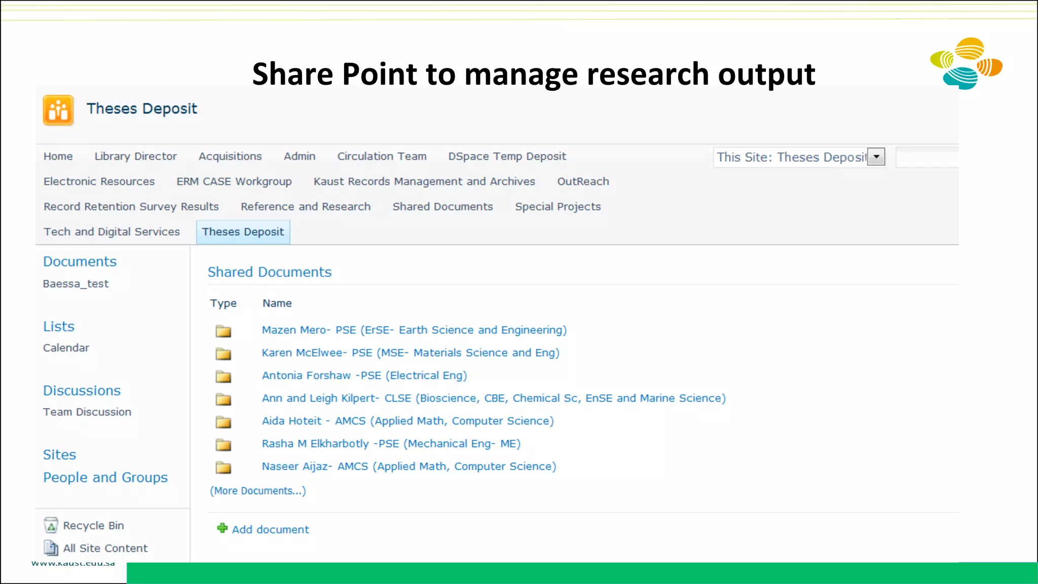 Share	
  Point	
  to	
  manage	
  research	
  output	
  
 