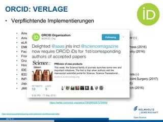 ORCID: VERLAGE
SEITE 21
https://orcid.org/content/requiring-orcid-publication-workflows-open-letter
•  Verpflichtende Implementierungen
•  American Chemical Society (2016)
•  American Geophysical Union (2016)
•  eLife (2016)
•  EMBO Press (2016)
•  Faculty of 1000 (-)
•  Frontiers (-)
•  Grupo Comunicar Ediciones (-)
•  Hindawi (2016)
•  IDEA (-)
•  IEEE (2016)
•  INFORMS (2017)
•  Japan Epidemiological Association (2016)
•  JMIR Publications (2014)
•  Journal of IMAB (-)
•  Military Technical Courier (-)
•  PLOS (2016)
•  Rockefeller University Press (2016)
•  Royal Society of Chemistry (2016)
•  Science journals (2016)
•  ScienceOpen (2014)
•  Skyfox Publishing (-)
•  Springer Nature (-)
•  The Company of Biologists (-)
•  The Journal of Bone & Joint Surgery (2017)
•  The Royal Society (2016)
•  Wellcome Open Research (2016)
•  Wiley (2016)
https://twitter.com/orcid_org/status/708389552675790848
 