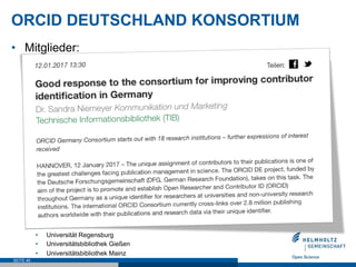 ORCID DEUTSCHLAND KONSORTIUM
•  Mitglieder:
•  Bundesanstalt für Wasserbau
•  DataCite – International Data Citation Initi...