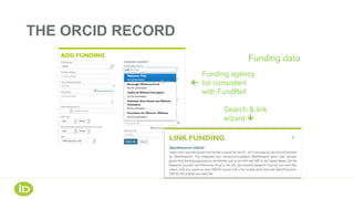 THE ORCID RECORD
Funding data
Funding agency
 list consistent
with FundRef
Search & link
wizard 
 