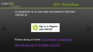 API Workflow
A researcher is on your site and asked to link their
ORCID iD
Follow along at home: http://search.crossref.org/
http://dx.doi.org/10.2218/ijdc.v7i2.230
 