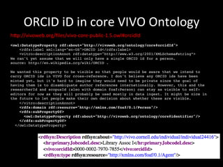 h_p://vivoweb.org/ﬁles/vivo-­‐core-­‐public-­‐1.5.owl#orcidId	
  
!
<owl:DatatypeProperty rdf:about="http://vivoweb.org/on...