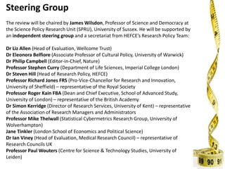 Steering Group
The review will be chaired by James Wilsdon, Professor of Science and Democracy at
the Science Policy Research Unit (SPRU), University of Sussex. He will be supported by
an independent steering group and a secretariat from HEFCE’s Research Policy Team:
Dr Liz Allen (Head of Evaluation, Wellcome Trust)
Dr Eleonora Belfiore (Associate Professor of Cultural Policy, University of Warwick)
Dr Philip Campbell (Editor-in-Chief, Nature)
Professor Stephen Curry (Department of Life Sciences, Imperial College London)
Dr Steven Hill (Head of Research Policy, HEFCE)
Professor Richard Jones FRS (Pro-Vice-Chancellor for Research and Innovation,
University of Sheffield) – representative of the Royal Society
Professor Roger Kain FBA (Dean and Chief Executive, School of Advanced Study,
University of London) – representative of the British Academy
Dr Simon Kerridge (Director of Research Services, University of Kent) – representative
of the Association of Research Managers and Administrators
Professor Mike Thelwall (Statistical Cybermetrics Research Group, University of
Wolverhampton)
Jane Tinkler (London School of Economics and Political Science)
Dr Ian Viney (Head of Evaluation, Medical Research Council) – representative of
Research Councils UK
Professor Paul Wouters (Centre for Science & Technology Studies, University of
Leiden)
 
