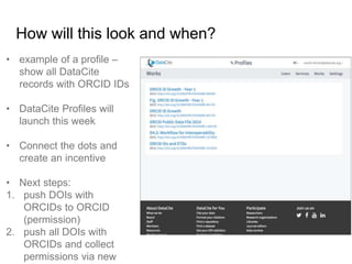 How will this look and when?
• example of a profile –
show all DataCite
records with ORCID IDs
• DataCite Profiles will
launch this week
• Connect the dots and
create an incentive
• Next steps:
1. push DOIs with
ORCIDs to ORCID
(permission)
2. push all DOIs with
ORCIDs and collect
permissions via new
 