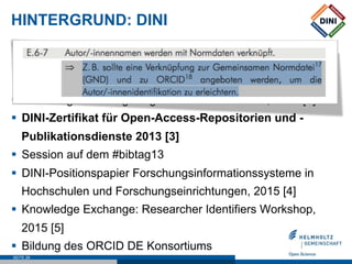 HINTERGRUND: DINI
§  Workshop „Autorenidentifikation am Beispiel von ORCID“,
2012 als Satellitenveranstaltung des ORCID Ou...