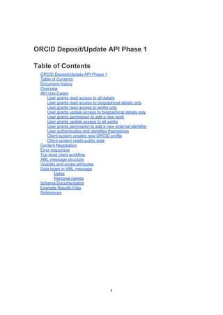 ORCID Deposit/Update API Phase 1

Table of Contents
  ORCID Deposit/Update API Phase 1
  Table of Contents
  Document history
  Overview
  API Use Cases
      User grants read access to all details
      User grants read access to biographical details only
      User grants read access to works only
      User grants update access to biographical details only
      User grants permission to add a new work
      User grants update access to all works
      User grants permission to add a new external identifier
      User authenticates and identifies themselves
      Client system creates new ORCID profile
      Client system reads public data
  Content Negotiation
  Error responses
  Top level client workflow
  XML message structure
  Visibility and scope attributes
  Data types in XML message
           Dates
           Personal names
  Schema Documentation
  Example Results Files
  References




                                        1
 
