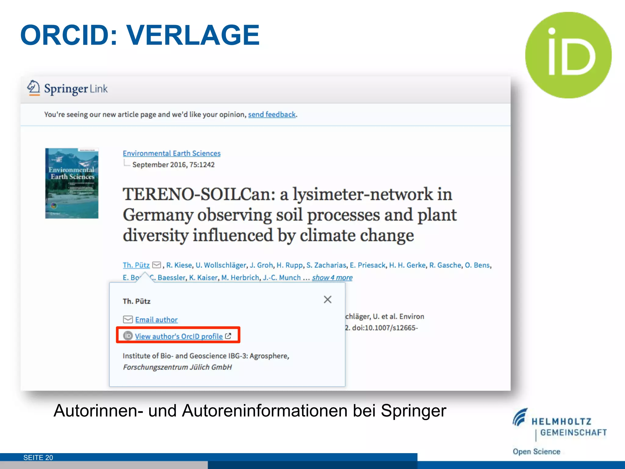 ORCID: VERLAGE
SEITE 20
Autorinnen- und Autoreninformationen bei Springer
 