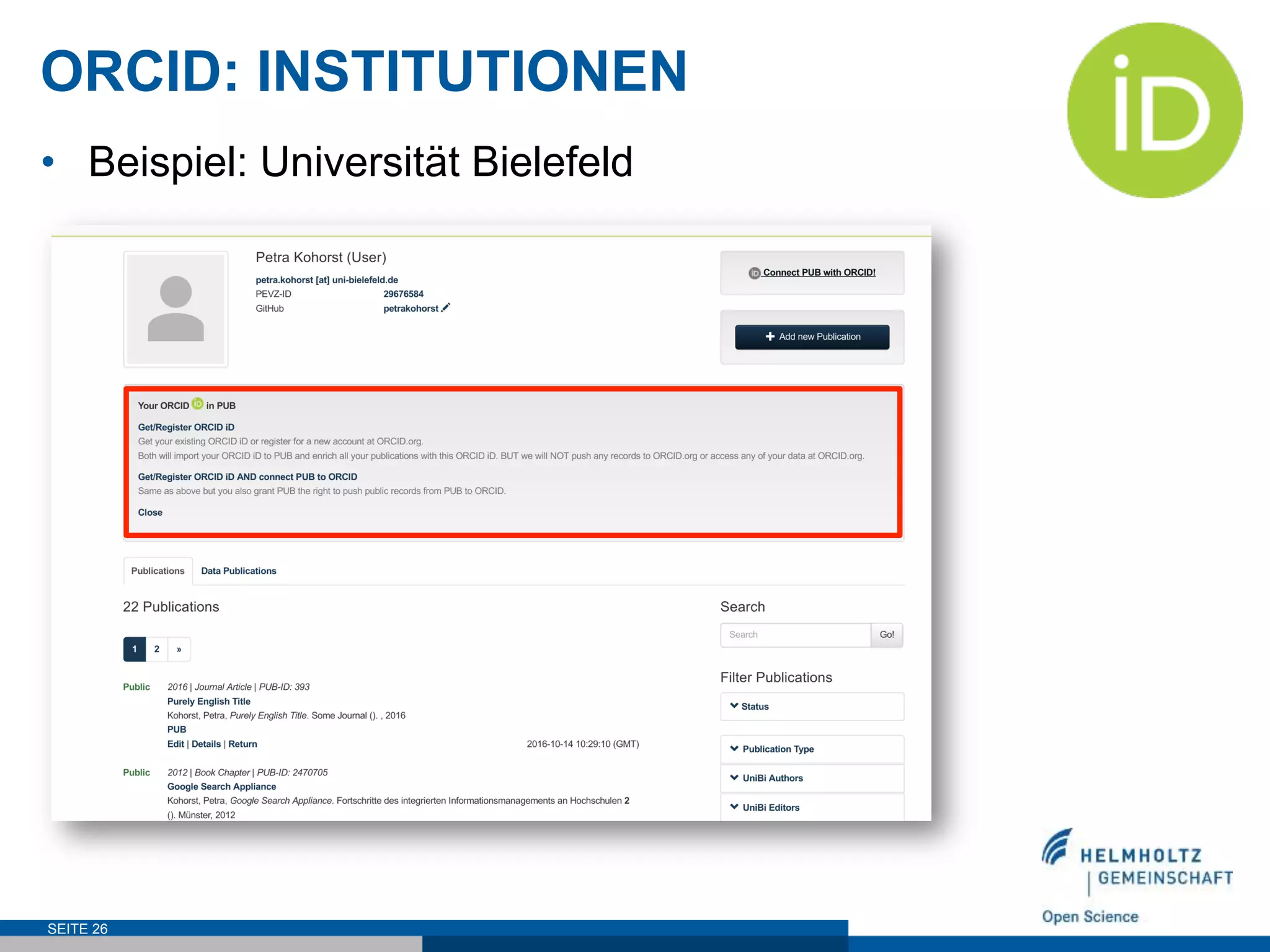 ORCID: INSTITUTIONEN
SEITE 26
•  Beispiel: Universität Bielefeld
 