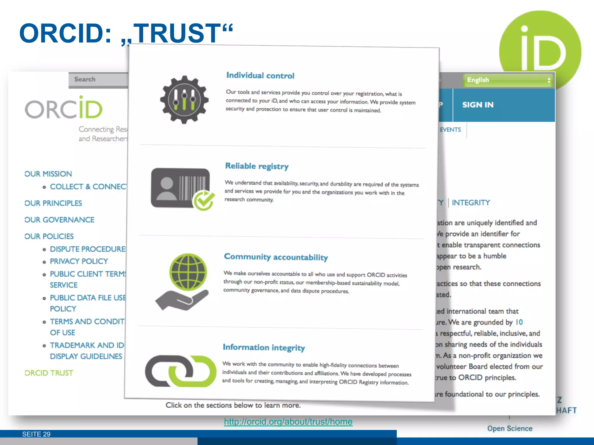 ORCID: „TRUST“
§  ORCID steht für Open Researcher and Contributor ID
§  ORCID ist eine alphanumerischer Code für die eindeutige
Identifikation einer / eines Forschenden
§  Beispiel: http://orcid.org/0000-0003-3334-2771
§  Über 2,5 Millionen ORICD iDs wurden bereits vergeben
§  ORCID wird durch ein internationales Konsortium getragen
§  ORCID basiert auf den ORCID-Prinzipien
http://orcid.org/about/what-is-orcid/principles
SEITE 29
http://orcid.org/about/trust/home
 