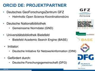 ORCID DE: PROJEKTPARTNER
•  Deutsches GeoForschungsZentrum GFZ
•  Helmholtz Open Science Koordinationsbüro
•  Deutsche Nationalbibliothek
•  Gemeinsame Normdatei (GND)
•  Universitätsbibliothek Bielefeld
•  Bielefeld Academic Search Engine (BASE)
•  Initiator:
•  Deutsche Initiative für Netzwerkinformation (DINI)
•  Gefördert durch:
•  Deutsche Forschungsgemeinschaft (DFG)
SEITE 32
 