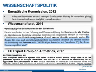 WISSENSCHAFTSPOLITIK
•  Europäische Kommission, 2012
•  Wissenschaftsrat, 2016
•  EC Expert Group on Altmetrics, 2017
SEITE 33
 